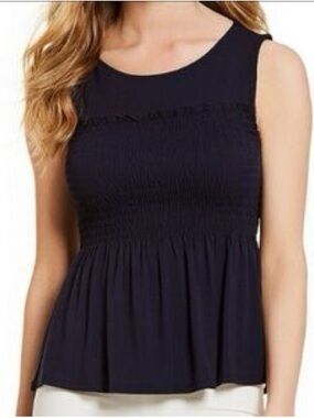 Gianni Bini Navy Smocked Peplum Sleeveless Top